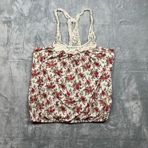 IRIS BASIC Floral Crochet Racerback Tank Top Women's Size Large White Pink Green